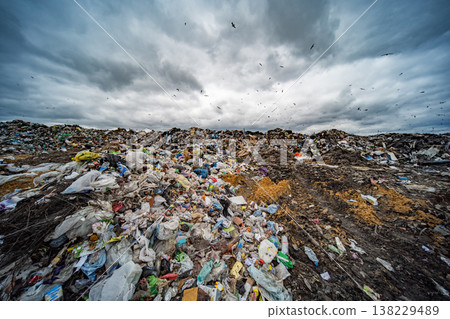 Landfill site extending under a dramatic sky with birds flying creating pollution concern Landfill site extending under a dramatic sky with birds flying creating pollution concern 138229489