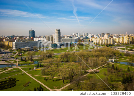 Minsk cityscape and Victory Park from above, showing urban architecture and green spaces Minsk cityscape and Victory Park from above, showing urban architecture and green spaces 138229490