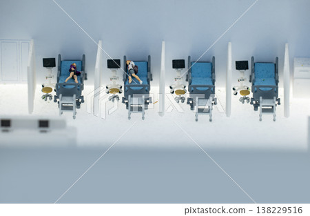 Miniature hospital ward illustrating healthcare, patient care, and medical recovery Miniature hospital ward illustrating healthcare, patient care, and medical recovery 138229516