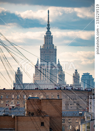 Lomonosov Moscow State University building dominating cityscape with overhead wires 138229519