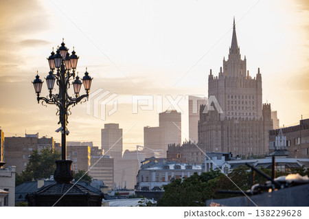 Moscow sunset with Ministry of Foreign Affairs building and historic streetlight Moscow sunset with Ministry of Foreign Affairs building and historic streetlight 138229628