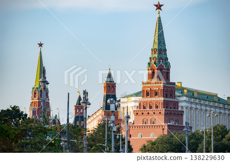 Moscow Kremlin towers featuring red stars against a clear blue sky 138229630