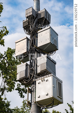 Cellular 5G network infrastructure with antennas and transmission equipment 138229712