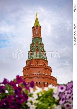 Vodovzvodnaya Tower, Moscow Kremlin, with petunias in front, Russian landmark 138229765