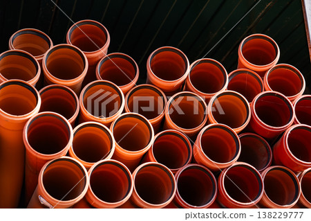 Stacking plastic drainage pipes for construction and infrastructure development 138229777