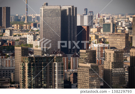 Moscow city skyline featuring modern skyscrapers and the Ostankino Tower viewing Moscow city skyline featuring modern skyscrapers and the Ostankino Tower viewing 138229793