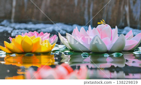 Colorful plastic lotus flowers floating on a pond in Vietnam Colorful plastic lotus flowers floating on a pond in Vietnam 138229819