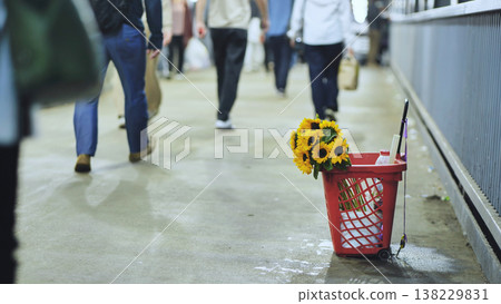 Sunflowers in red basket on street with pedestrians walking in Moscow 138229831