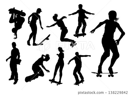 Skateboard Silhouette Skateboarders Set 138229842