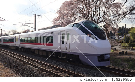 日立特快列車從盛開的垂枝櫻花樹下駛過。 138229899