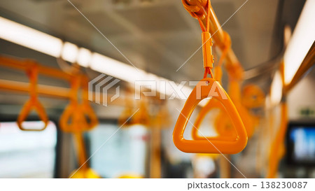 Yellow plastic handles in a public transportation vehicle in Moscow interior Yellow plastic handles in a public transportation vehicle in Moscow interior 138230087