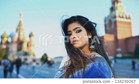Bangladeshi woman visiting Moscow, blending cultures near city landmarks 138230267