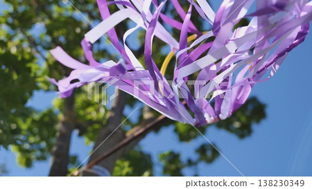 Purple ribbons fluttering in wind at India Day festival in Moscow park 138230349