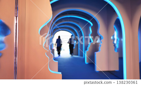 Tunnel of human profiles glowing blue at a modern art exhibition Tunnel of human profiles glowing blue at a modern art exhibition 138230361