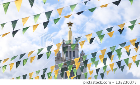 Bunting flags celebrating above Moscow State University building Bunting flags celebrating above Moscow State University building 138230375