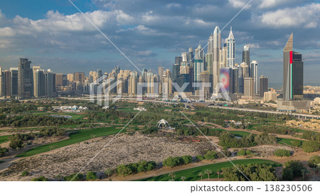 Dubai Marina skyscrapers and golf course morning timelapse, Dubai, United Arab Emirates 138230506