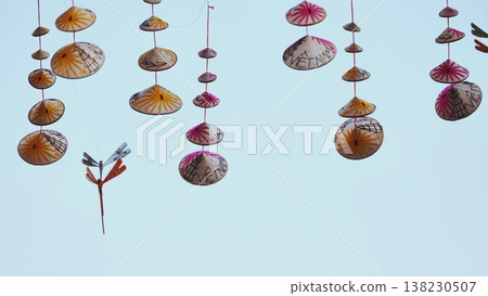 Vietnamese Conical Hats Hanging with Dragonflies Celebrating Vietnam Days in Moscow 138230507