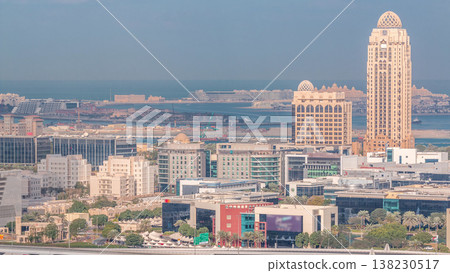 Dubai media city skyscrapers and golf course morning timelapse, Dubai, United Arab Emirates 138230517