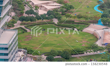 A landscaped public park in Jumeirah Lakes Towers timelapse, a popular residential district in Dubai. A landscaped public park in Jumeirah Lakes Towers timelapse, a popular residential district in Dubai. 138230548