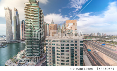 Aerial top view to Sheikh Zayed road near Dubai Marina timelapse, Dubai. 138230674