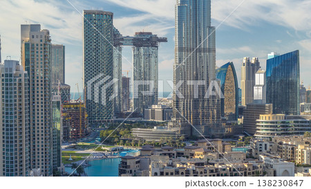 Dubai Downtown skyline timelapse with Burj Khalifa and other towers panoramic view from the top in Dubai Dubai Downtown skyline timelapse with Burj Khalifa and other towers panoramic view from the top in Dubai 138230847