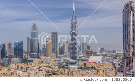 Aerial morning cityscape with architecture of Dubai downtown timelapse, United Arab Emirates. 138230860