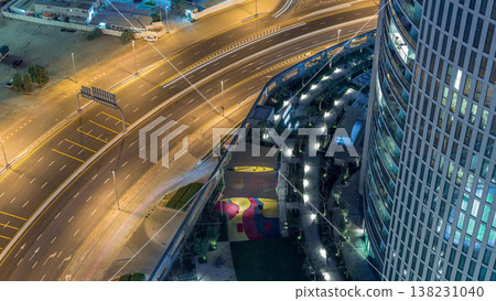 View of road with many cars in traffic night Timelapse Aerial 138231040