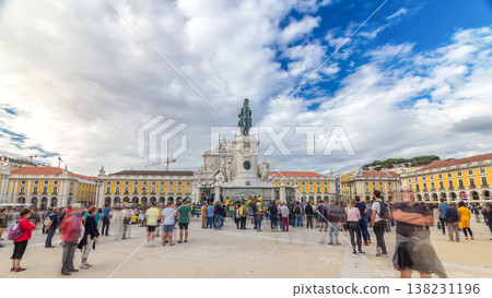 Triumphal arch at Rua Augusta and bronze statue of King Jose I at Commerce square timelapse hyperlapse in Lisbon, Portugal. Triumphal arch at Rua Augusta and bronze statue of King Jose I at Commerce square timelapse hyperlapse in Lisbon, Portugal. 138231196