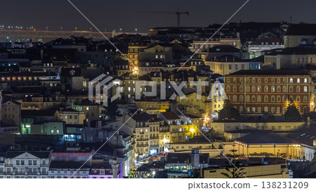 Lisbon aerial view of city centre with illuminated building at night timelapse, Portugal Lisbon aerial view of city centre with illuminated building at night timelapse, Portugal 138231209