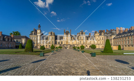 Beautiful Medieval landmark - royal hunting castle Fontainbleau timelapse hyperlapse. 138231253