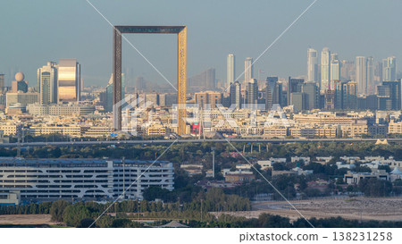 Skyline view of Deira and Sharjah districts in Dubai timelapse before sunset, UAE. 138231258
