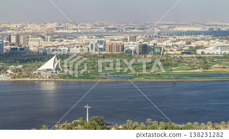 View of new modern buildings in luxury Dubai city, United Arab Emirates Timelapse Aerial View of new modern buildings in luxury Dubai city, United Arab Emirates Timelapse Aerial 138231282