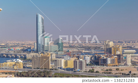 View of modern buildings in Dubai city, United Arab Emirates Timelapse Aerial 138231283