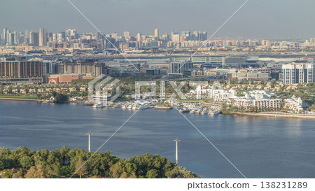 Aerial view of blue canal near green park Dubai city, United Arab Emirates Timelapse Aerial view of blue canal near green park Dubai city, United Arab Emirates Timelapse 138231289