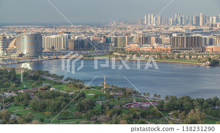 Aerial view of beautiful park and canal in Dubai city, United Arab Emirates Timelapse Aerial view of beautiful park and canal in Dubai city, United Arab Emirates Timelapse 138231290