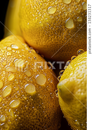 Closeup of fresh lemons with glistening water drops on vibrant background Closeup of fresh lemons with glistening water drops on vibrant background 138231317