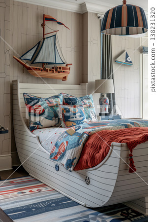 Playful nautical-themed children's bedroom with ship-shaped bed and ocean decor Playful nautical-themed children's bedroom with ship-shaped bed and ocean decor 138231320