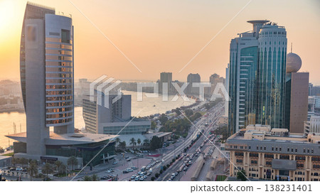 Dubai creek landscape at sunset timelapse with boats and ship near waterfront Dubai creek landscape at sunset timelapse with boats and ship near waterfront 138231401