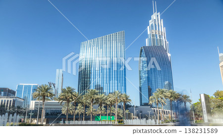Fountains near main entrance to the tallest skyscraper timelapse, Dubai 138231589
