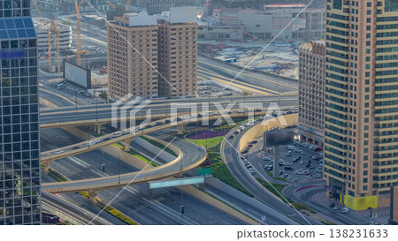 Traffic on a busy intersection on Sheikh Zayed highway aerial timelapse Traffic on a busy intersection on Sheikh Zayed highway aerial timelapse 138231633