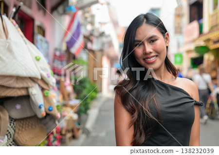 Thai Woman Tourist Smiling in Phuket Old Town Thailand Thai Woman Tourist Smiling in Phuket Old Town Thailand 138232039