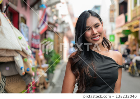 Thai Woman Tourist Smiling in Phuket Old Town Thailand Thai Woman Tourist Smiling in Phuket Old Town Thailand 138232040