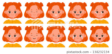 Set of cute redhead girl character with different facial expressions. Child avatar with various emotions as happy, sad, surprised, angry, confused and smiling. Emotions education concept Set of cute redhead girl character with different facial expressions. Child avatar with various emotions as happy, sad, surprised, angry, confused and smiling. Emotions education concept 138232134