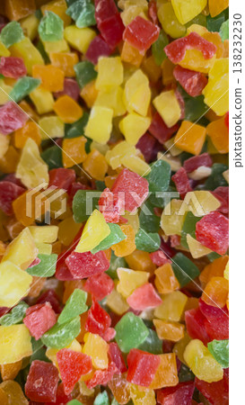 Multicolored square candied fruits close-up as a vibrant texture of sweets 138232230