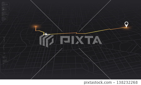 Navigation dashboard interface with orange route line and data metrics. Vector illustration. Navigation dashboard interface with orange route line and data metrics. Vector illustration. 138232268