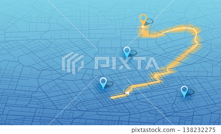 Isometric city map with glowing yellow path and blue markers. Vector illustration. 138232275