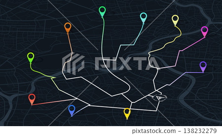 map with white branching network routes leading to colorful pins. Vector illustration. 138232279