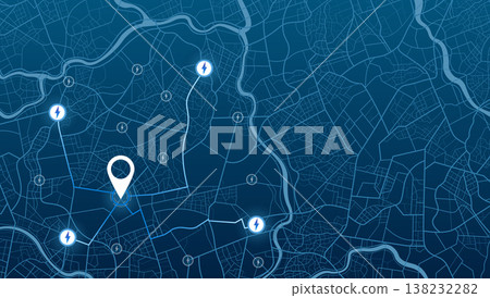 Electric car navigation interface with charging point locations. Vector illustration. Electric car navigation interface with charging point locations. Vector illustration. 138232282