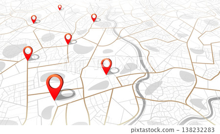 Isometric white city map with multiple red location pointers. Vector illustration. Isometric white city map with multiple red location pointers. Vector illustration. 138232283