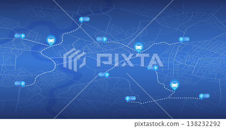 Electric vehicle charging map with car icons and time labels. Blue smart city navigation. Vector illustration. 138232292